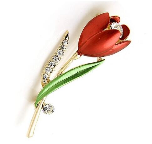 Tulip Flower Brooch Pin Crystal Costume Jewelry - Vintage tees for Women