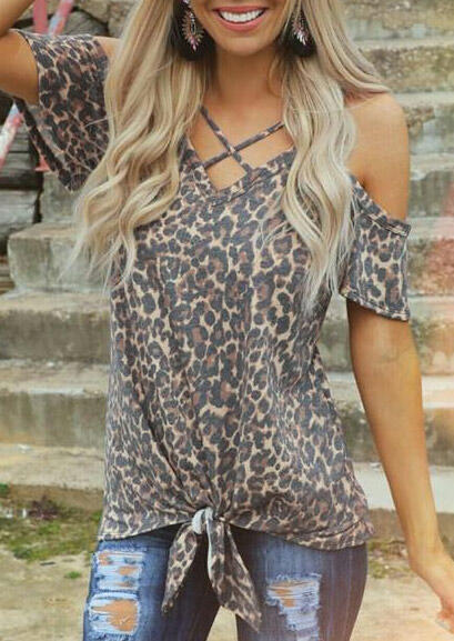 Women T-Shirt Female Leopard Printed Cold Shoulder Tees - Vintage tees for Women