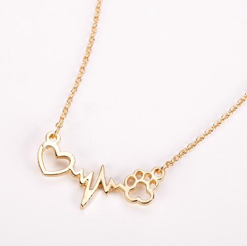 Pets Dogs Footprints Paw Heart Love Chain Pendant Necklace - Vintage tees for Women