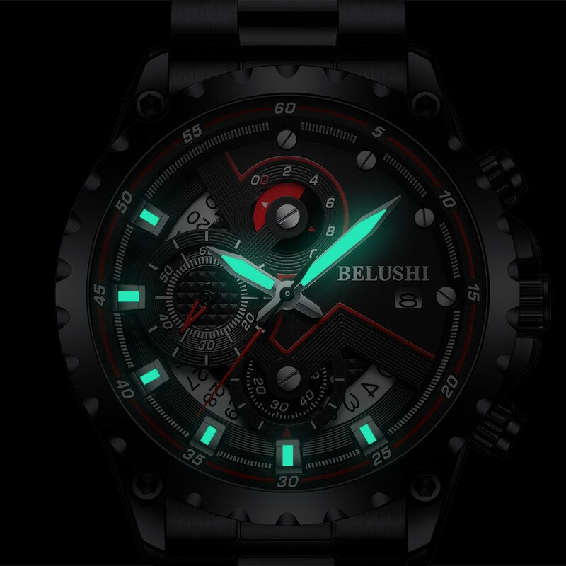 Fashion New Mens Watch | BELUSHI Luxury Chronograph Full Steel Waterproof Quartz Watch - Vintage tees for Women