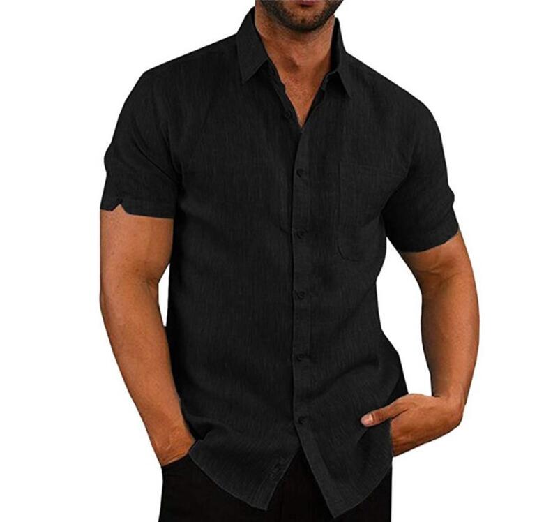 Short Sleeve Shirt Men Lapel Neck Button Pockets Solid Male Blouse Tops Men Brand Clothes - Vintage tees for Women