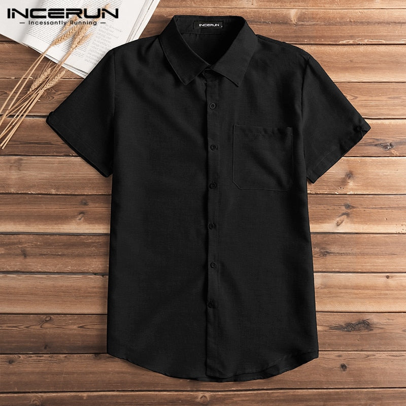 Short Sleeve Shirt Men Lapel Neck Button Pockets Solid Male Blouse Tops Men Brand Clothes - Vintage tees for Women