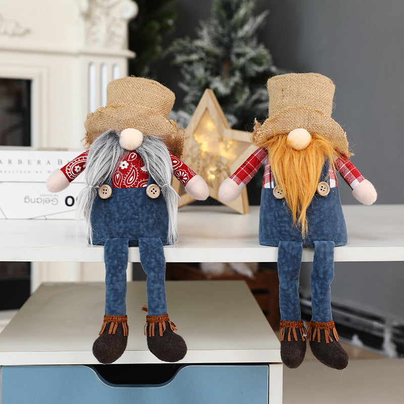 New Christmas long legged hemp Brudorf doll cowboy hat faceless doll window sitting decoration ornaments - Vintage tees for Women