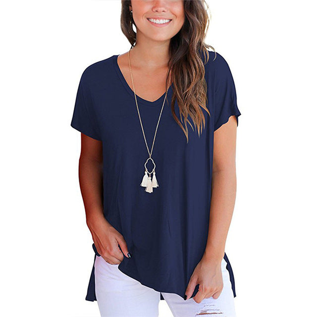 V-Neck Short Sleeve Women Basic T-shirts - Vintage tees for Women