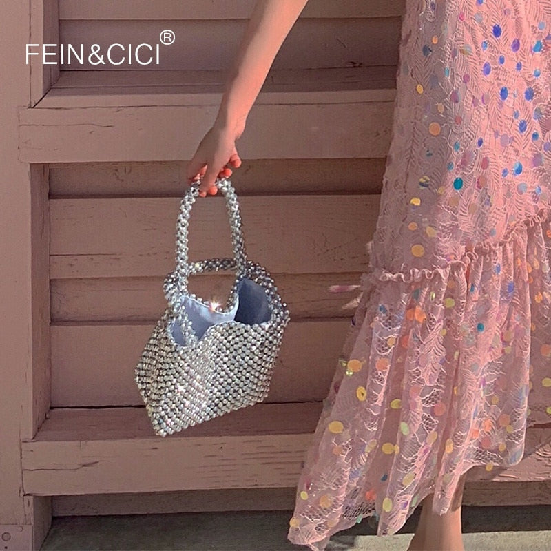 Pearls Bag Beaded Box Totes Bag | Women Party Vintage Silver Bucket Handbag - Vintage tees for Women