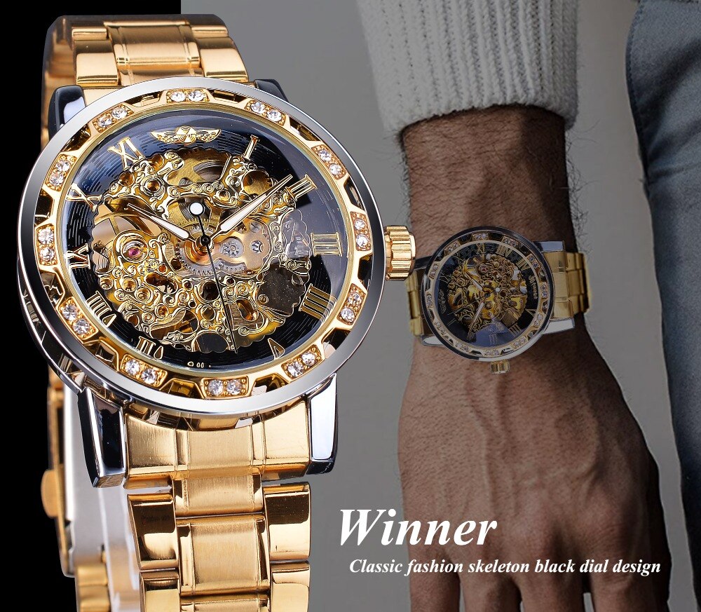 Winner Golden Watch | Classic Rhinestone Clock | Roman Analog Male Skeleton Clocks Mechanical Stainless Steel Band Luminous Watch - Vintage tees for Women