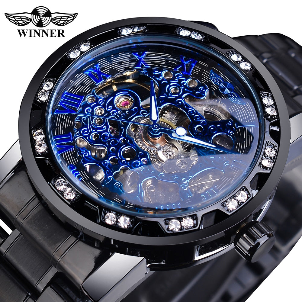 Winner Golden Watch | Classic Rhinestone Clock | Roman Analog Male Skeleton Clocks Mechanical Stainless Steel Band Luminous Watch - Vintage tees for Women