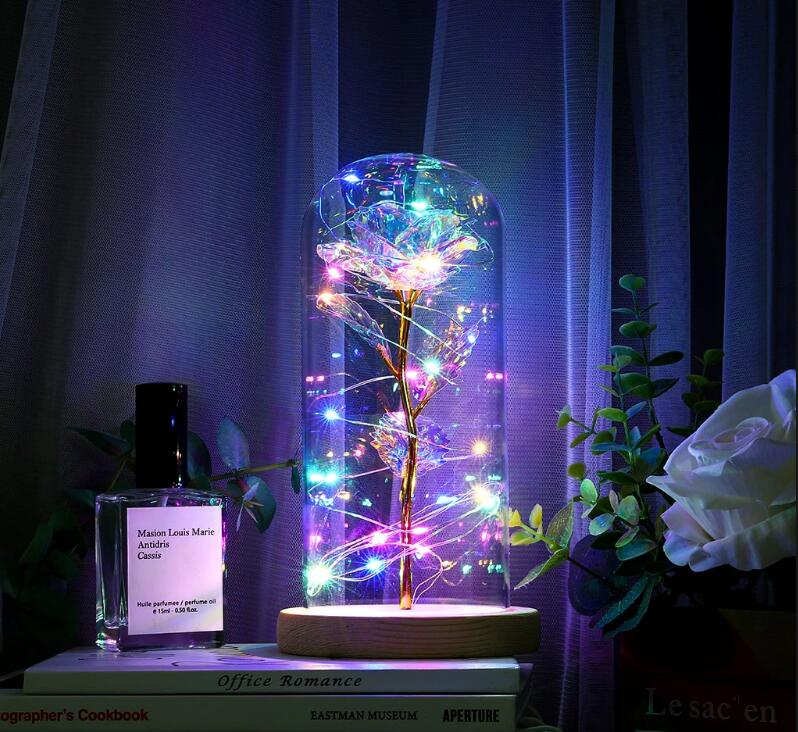 LED Enchanted Galaxy Rose Eternal 24K Gold Foil Flower With Fairy String Lights In Dome - Vintage tees for Women