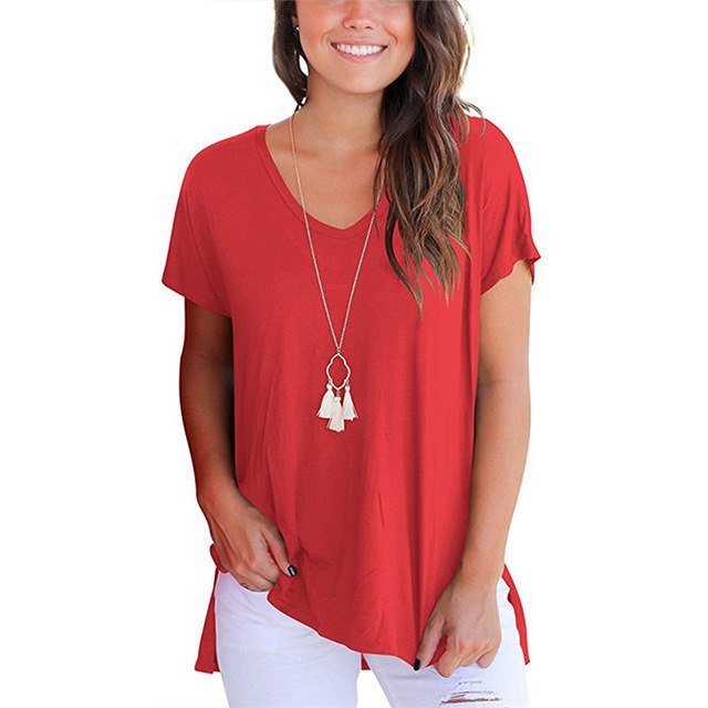 V-Neck Short Sleeve Women Basic T-shirts - Vintage tees for Women