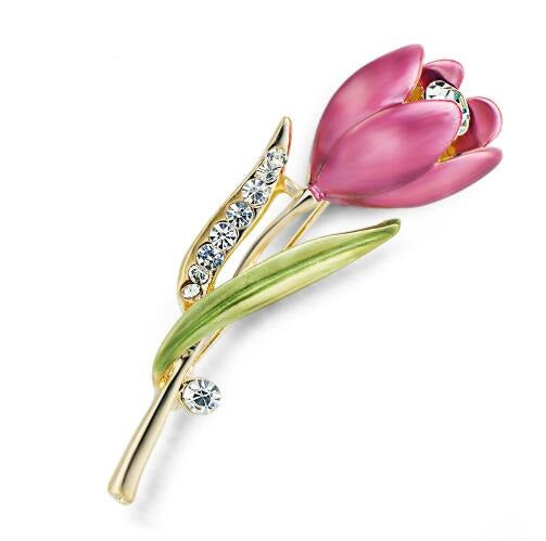 Tulip Flower Brooch Pin Crystal Costume Jewelry - Vintage tees for Women
