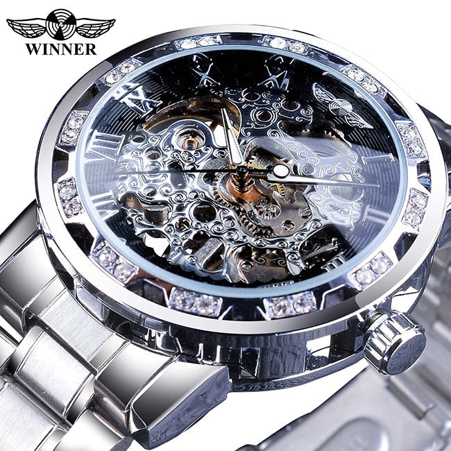 Winner Golden Watch | Classic Rhinestone Clock | Roman Analog Male Skeleton Clocks Mechanical Stainless Steel Band Luminous Watch - Vintage tees for Women