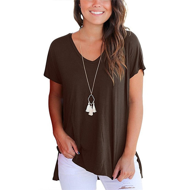 V-Neck Short Sleeve Women Basic T-shirts - Vintage tees for Women