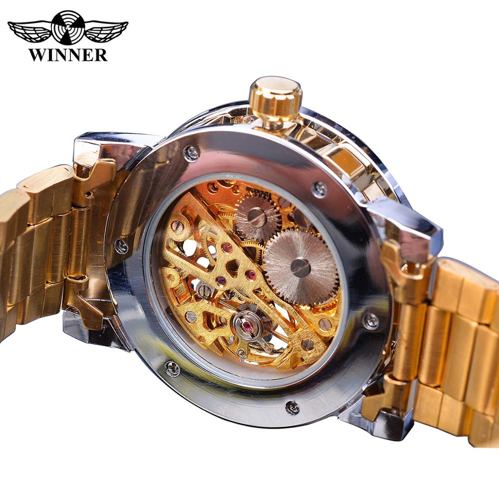 Winner Golden Watch | Classic Rhinestone Clock | Roman Analog Male Skeleton Clocks Mechanical Stainless Steel Band Luminous Watch - Vintage tees for Women