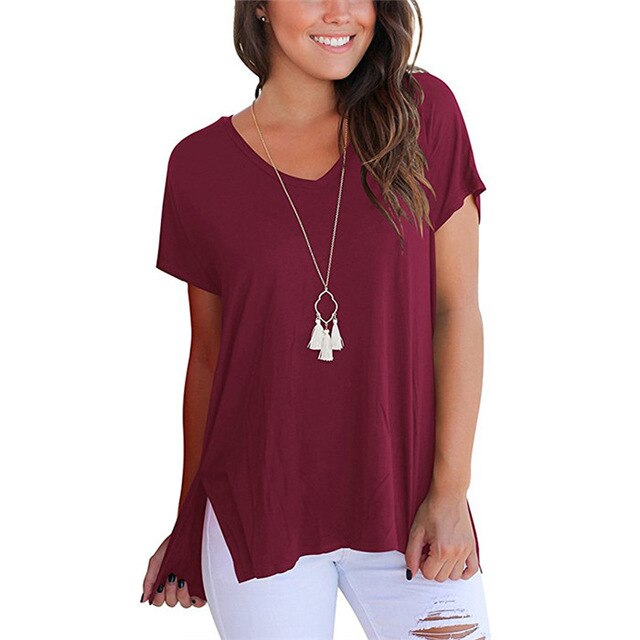V-Neck Short Sleeve Women Basic T-shirts - Vintage tees for Women