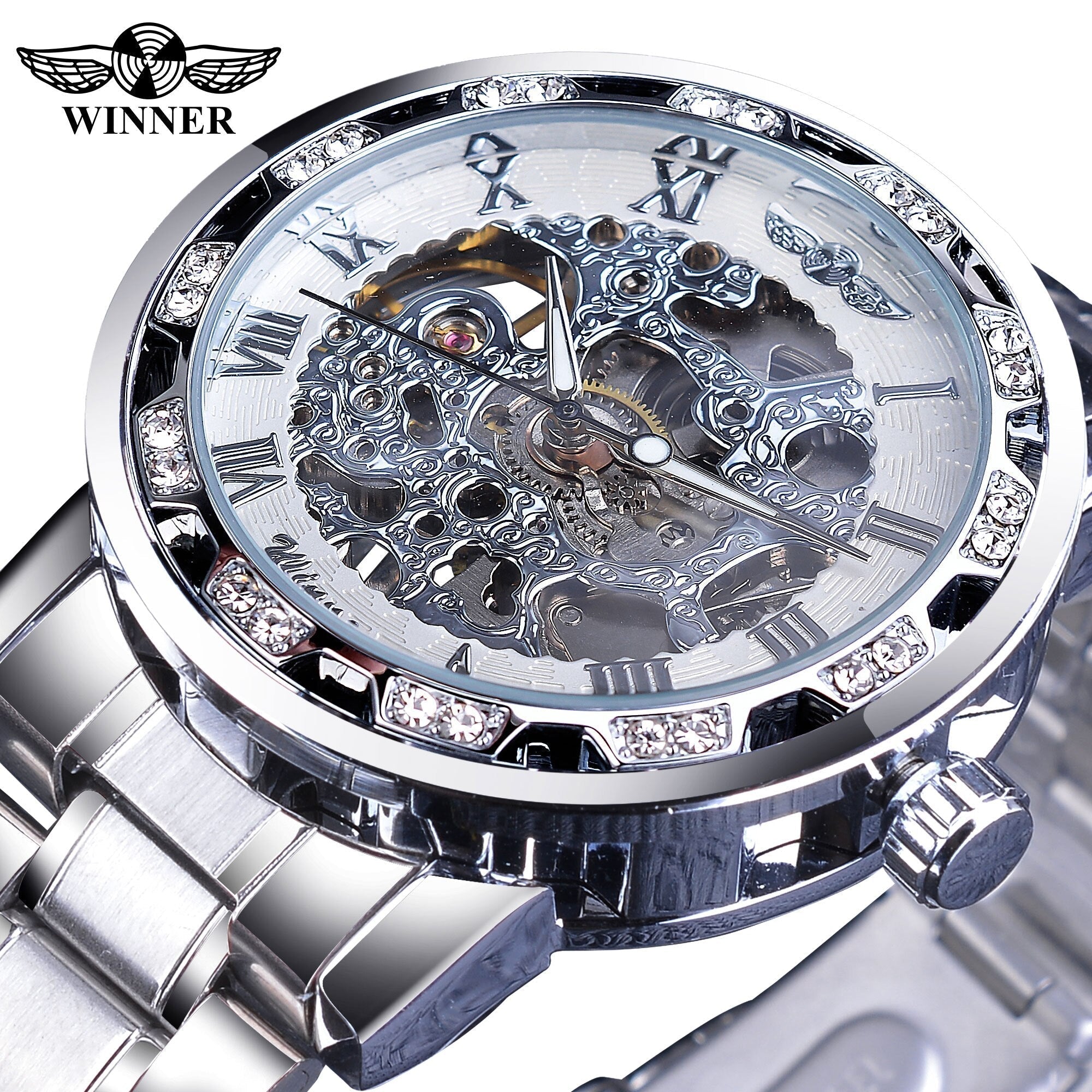 Winner Golden Watch | Classic Rhinestone Clock | Roman Analog Male Skeleton Clocks Mechanical Stainless Steel Band Luminous Watch - Vintage tees for Women