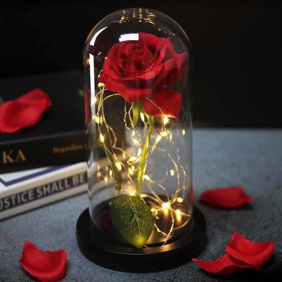 Beauty And Beast Rose In Flask Led Rose Flower Light Black Base Glass Dome Best For Mother's Day Valentines Day Gift - Vintage tees for Women