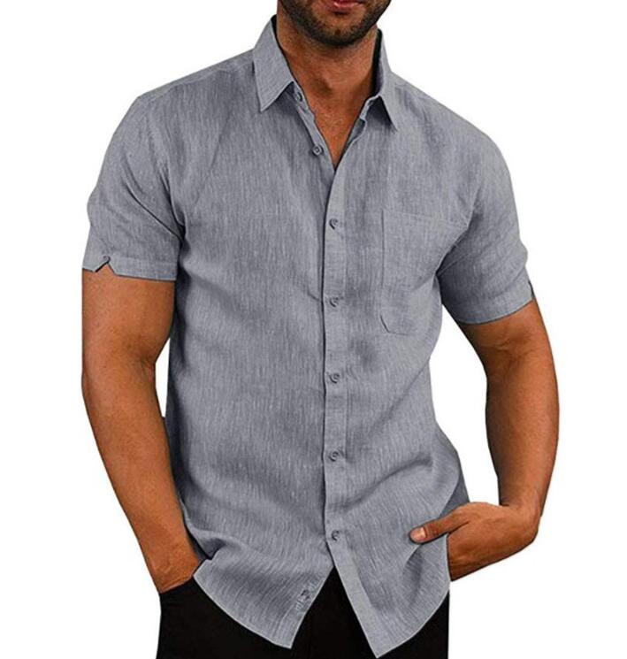 Short Sleeve Shirt Men Lapel Neck Button Pockets Solid Male Blouse Tops Men Brand Clothes - Vintage tees for Women