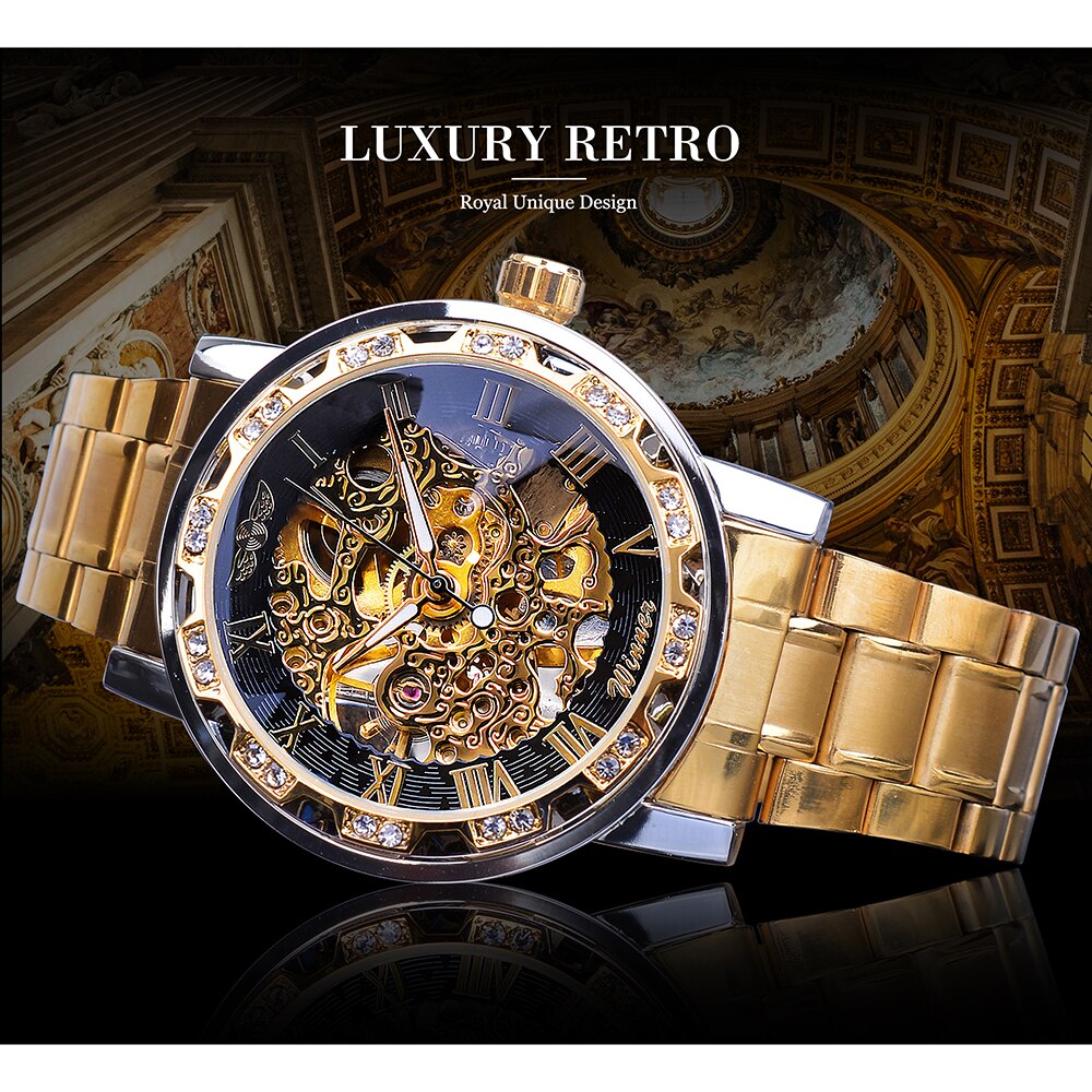 Winner Golden Watch | Classic Rhinestone Clock | Roman Analog Male Skeleton Clocks Mechanical Stainless Steel Band Luminous Watch - Vintage tees for Women