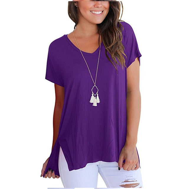 V-Neck Short Sleeve Women Basic T-shirts - Vintage tees for Women