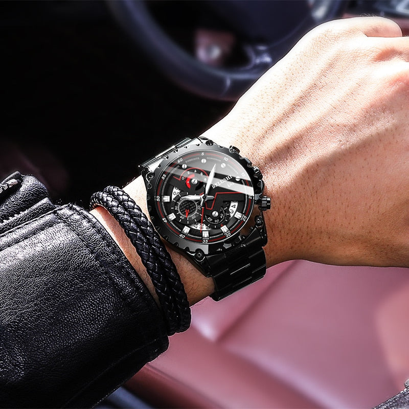 Fashion New Mens Watch | BELUSHI Luxury Chronograph Full Steel Waterproof Quartz Watch - Vintage tees for Women