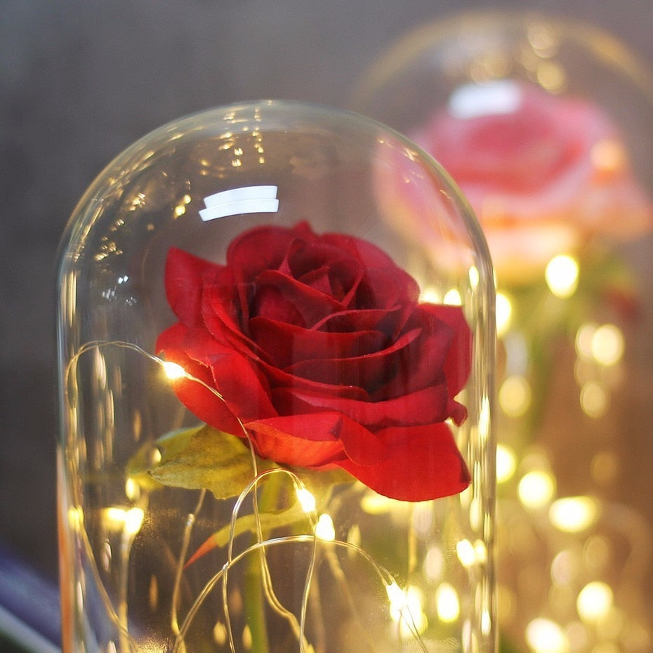 Beauty And Beast Rose In Flask Led Rose Flower Light Black Base Glass Dome Best For Mother's Day Valentines Day Gift - Vintage tees for Women