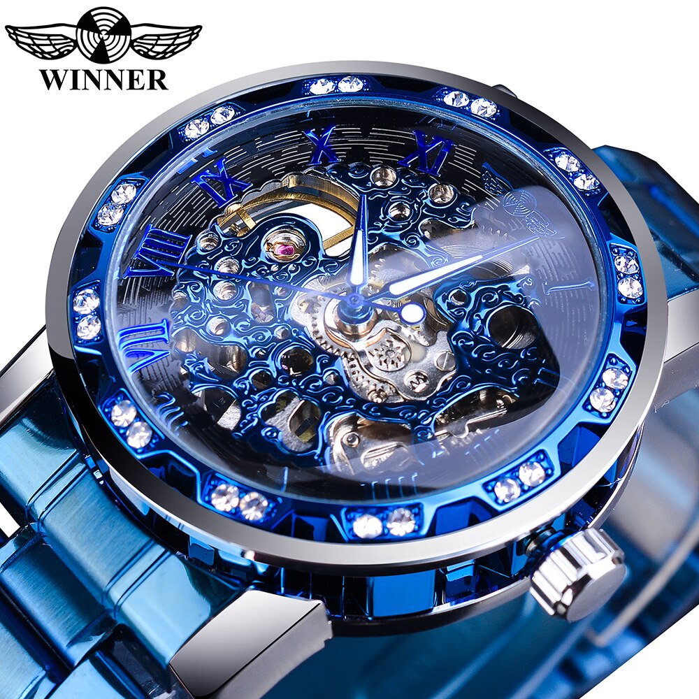 Winner Golden Watch | Classic Rhinestone Clock | Roman Analog Male Skeleton Clocks Mechanical Stainless Steel Band Luminous Watch - Vintage tees for Women