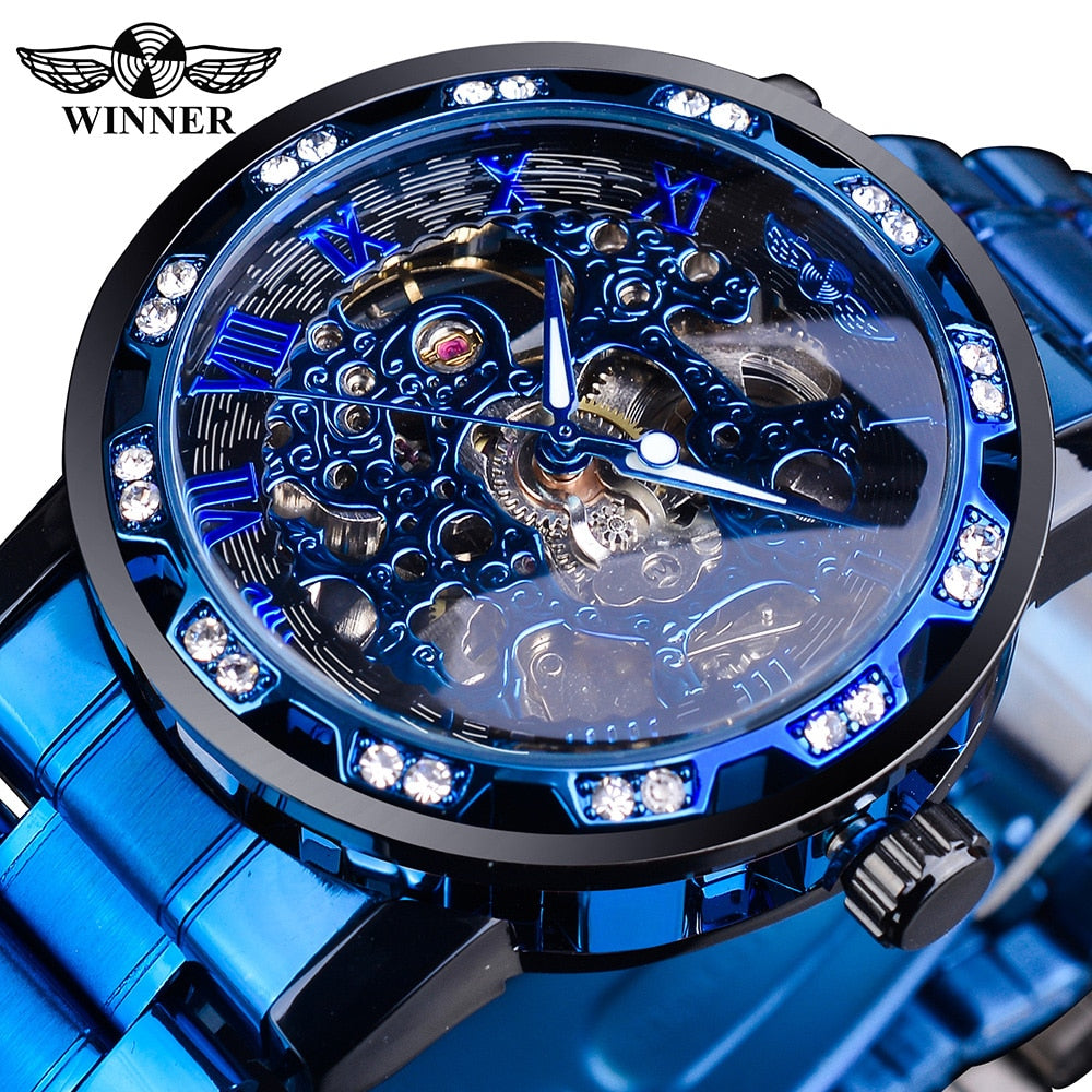 Winner Golden Watch | Classic Rhinestone Clock | Roman Analog Male Skeleton Clocks Mechanical Stainless Steel Band Luminous Watch - Vintage tees for Women