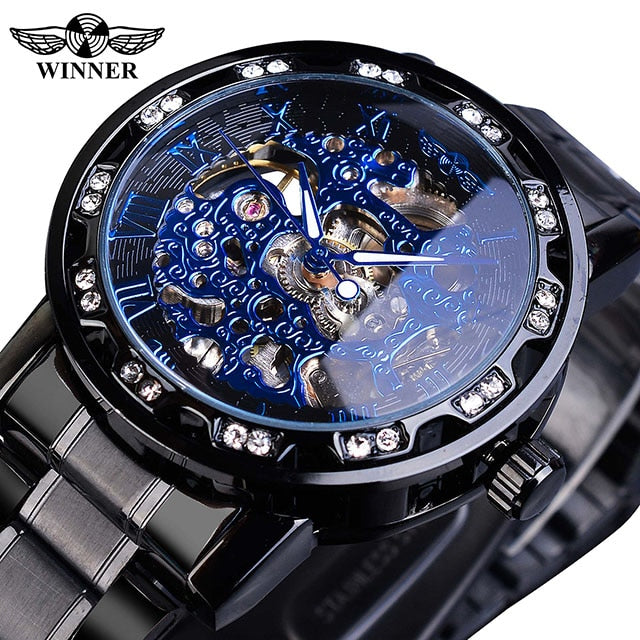Winner Golden Watch | Classic Rhinestone Clock | Roman Analog Male Skeleton Clocks Mechanical Stainless Steel Band Luminous Watch - Vintage tees for Women