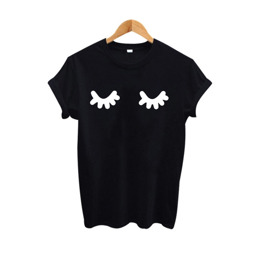 Cute Eyelashes Print Women T-shirt Black / White - Vintage tees for Women