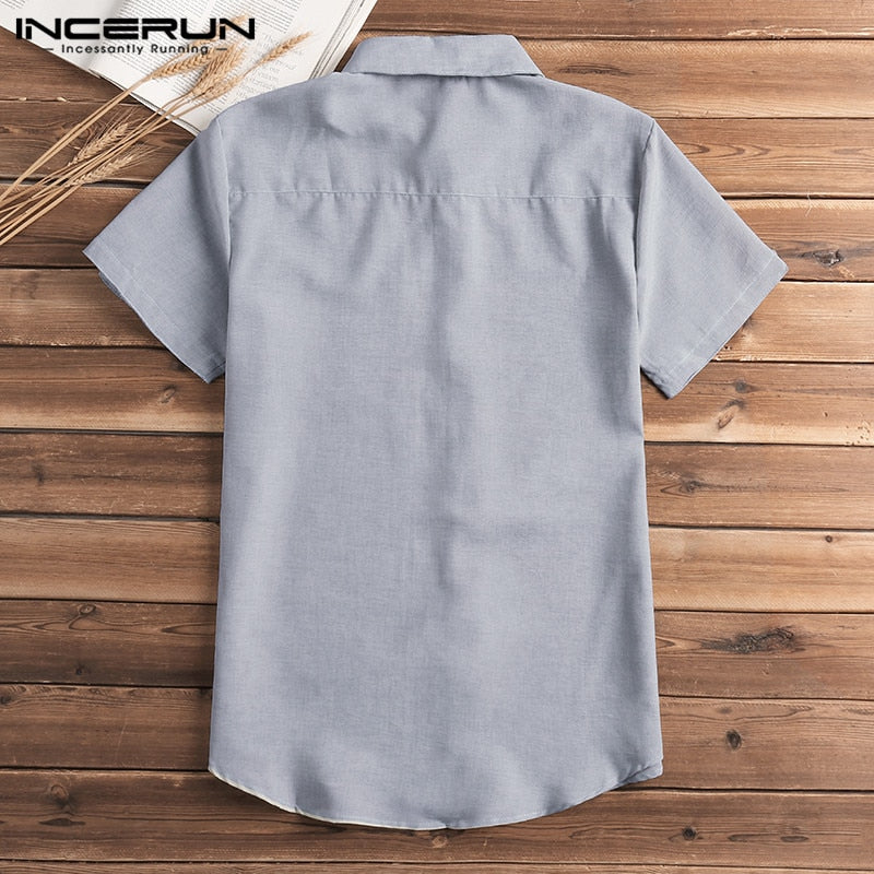 Short Sleeve Shirt Men Lapel Neck Button Pockets Solid Male Blouse Tops Men Brand Clothes - Vintage tees for Women