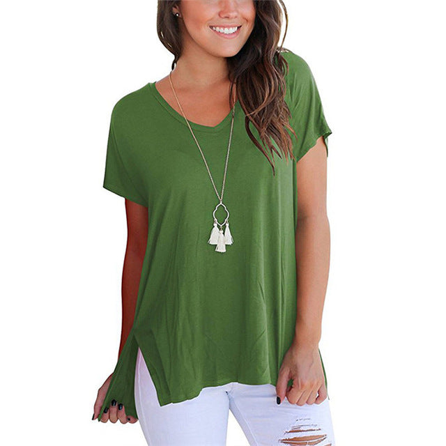 V-Neck Short Sleeve Women Basic T-shirts - Vintage tees for Women