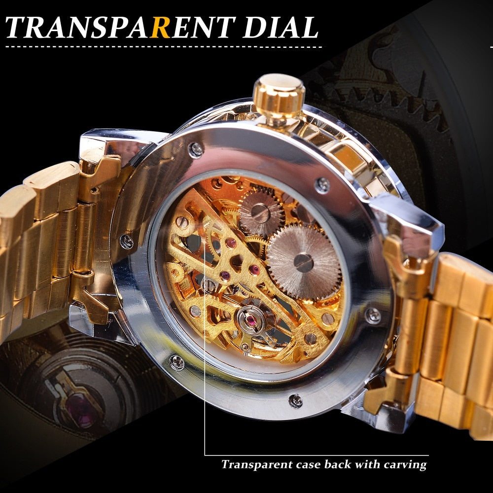 Winner Golden Watch | Classic Rhinestone Clock | Roman Analog Male Skeleton Clocks Mechanical Stainless Steel Band Luminous Watch - Vintage tees for Women