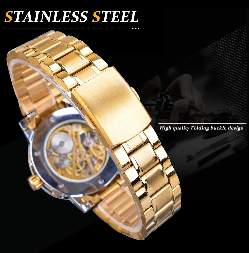 Winner Golden Watch | Classic Rhinestone Clock | Roman Analog Male Skeleton Clocks Mechanical Stainless Steel Band Luminous Watch - Vintage tees for Women