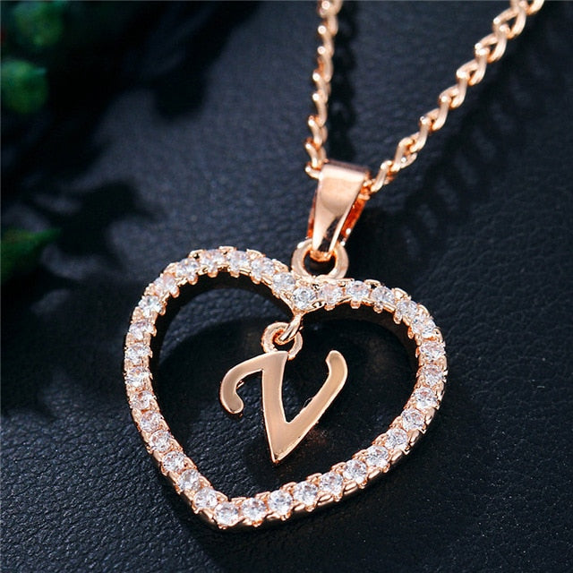 Romantic Love Pendant Necklace For Girls | Women Rhinestone Initial Letter Necklace - Vintage tees for Women