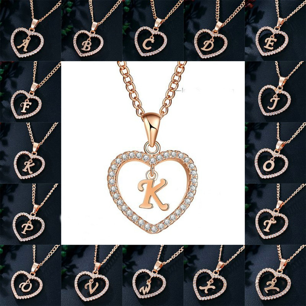 Romantic Love Pendant Necklace For Girls | Women Rhinestone Initial Letter Necklace - Vintage tees for Women